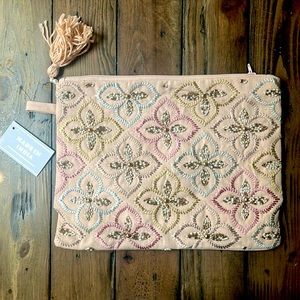 NWT pink peach beaded zippered cosmetic or jewelry 100% cotton bag.